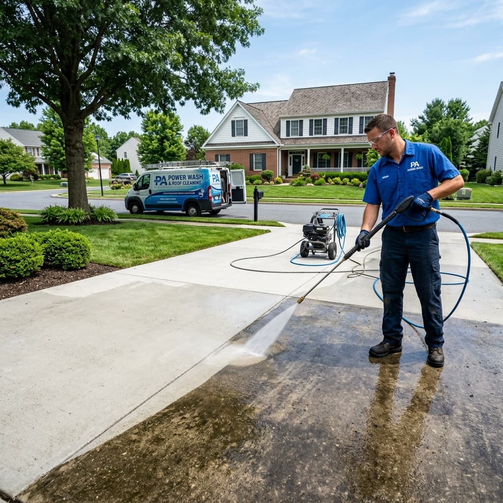 Professional power washing technician cleaning a driveway in Harrisburg, PA